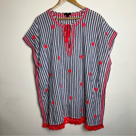 J.Crew Embroidered Tassels Swimwear Cover Up Dress Tunic Size Small Blue Coral - Picture 2 of 11